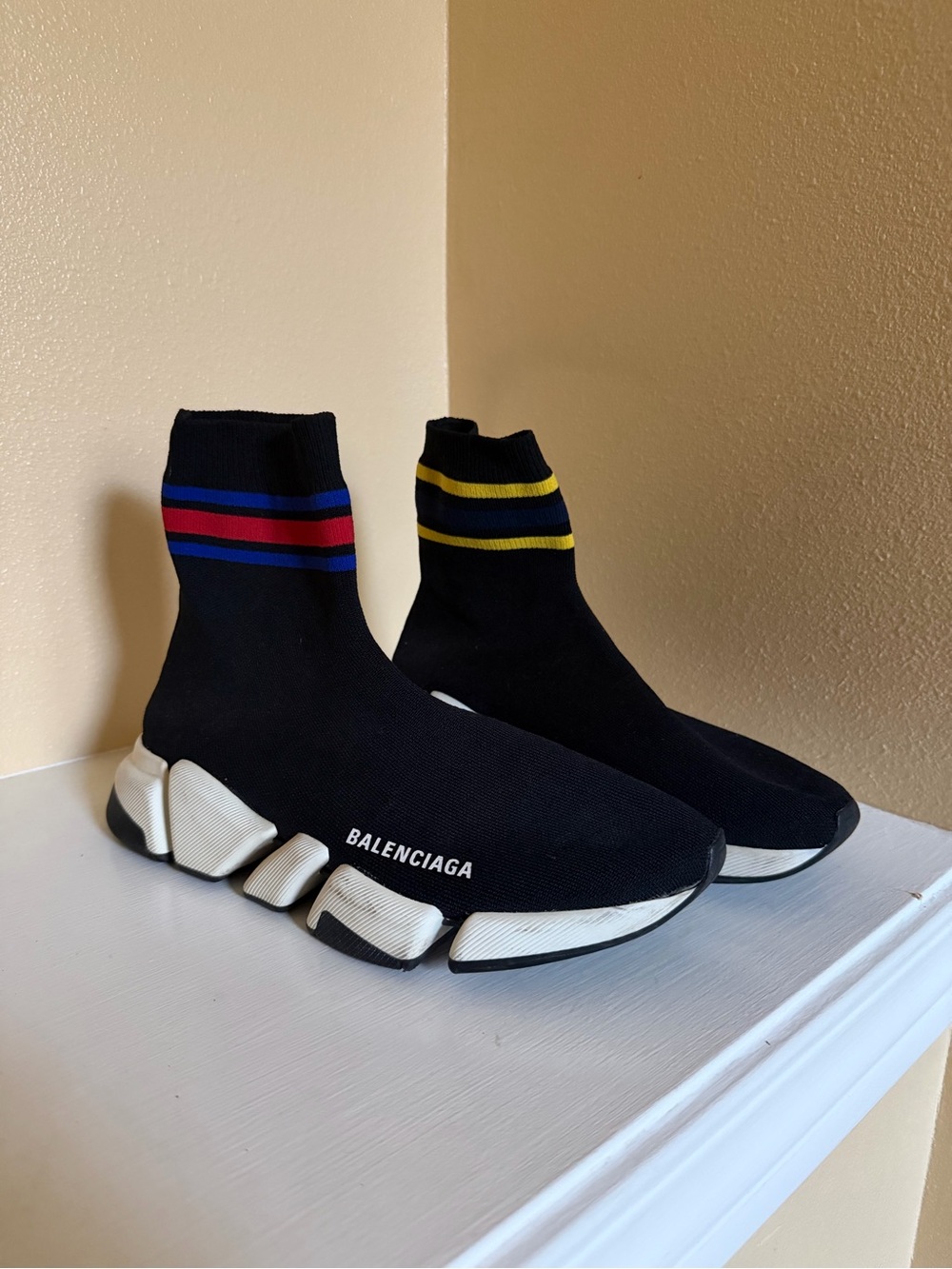 Balenciaga Black Sock Sneakers with Red/Blue and Yellow Stripe Accents